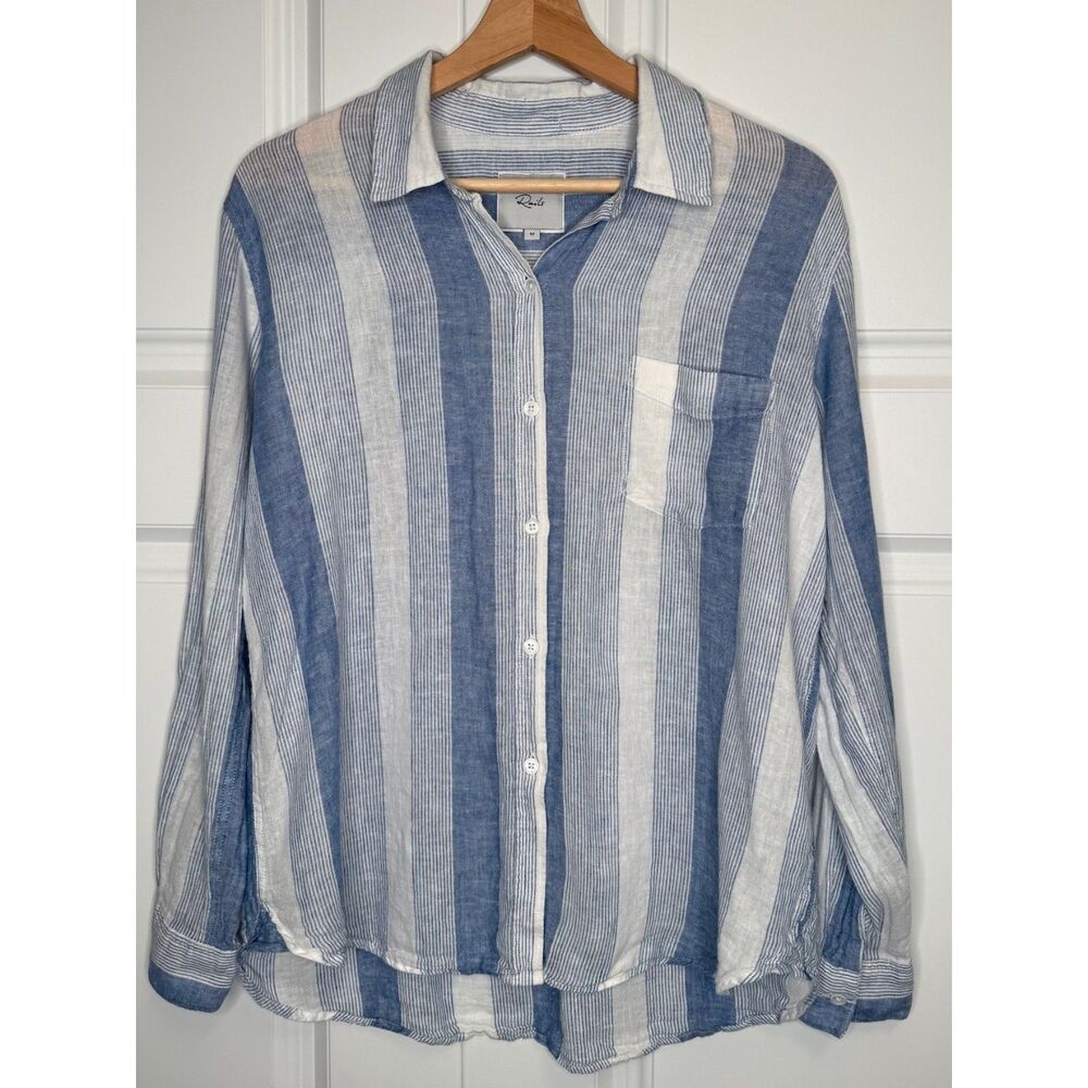 Rails Charli Nevis Stripe Button Front Shirt Women's M Blue White Linen Blend